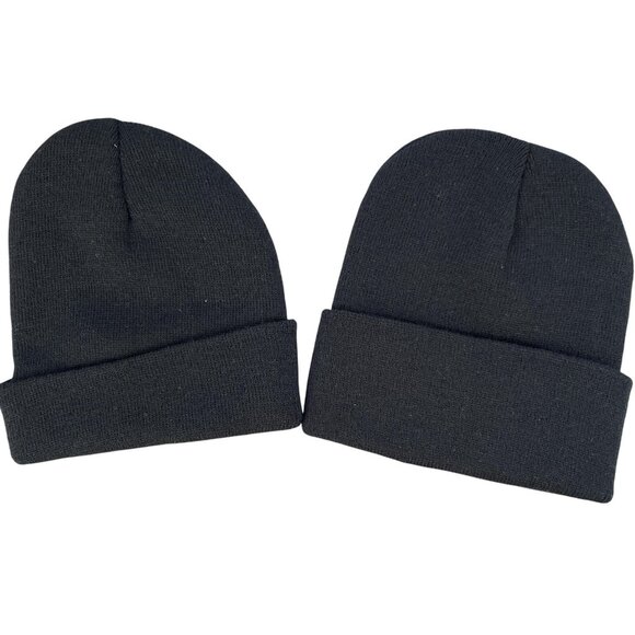 2 Mens Knit Caps 1 Star Embroidered 1 Solid Black Beanie Cuffed Winter Football - Picture 2 of 7